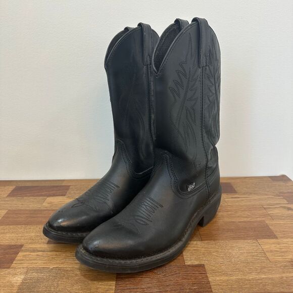 Justin Boots Womens size 8D Black‎ Leather Mid Calf Western Outdoor Rodeo Cowboy - Picture 6 of 16
